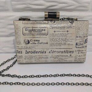 Patricia Nash Leather Newsprint Clutch Crossbody Bag Gold Detachable Chain